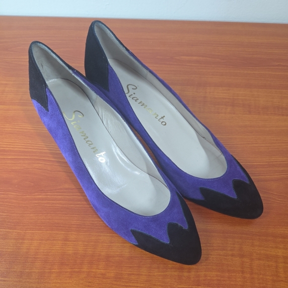 Siamanto Vintage Black & Purple Pumps Sz 6 EUC 80s Quirky Dynasty Almond Toe - Picture 1 of 11